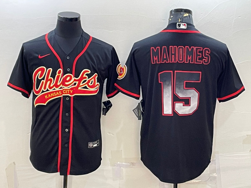 Men's Kansas City Chiefs #15 Patrick Mahomes Black Red With Patch Cool Base Stitched Baseball Jersey